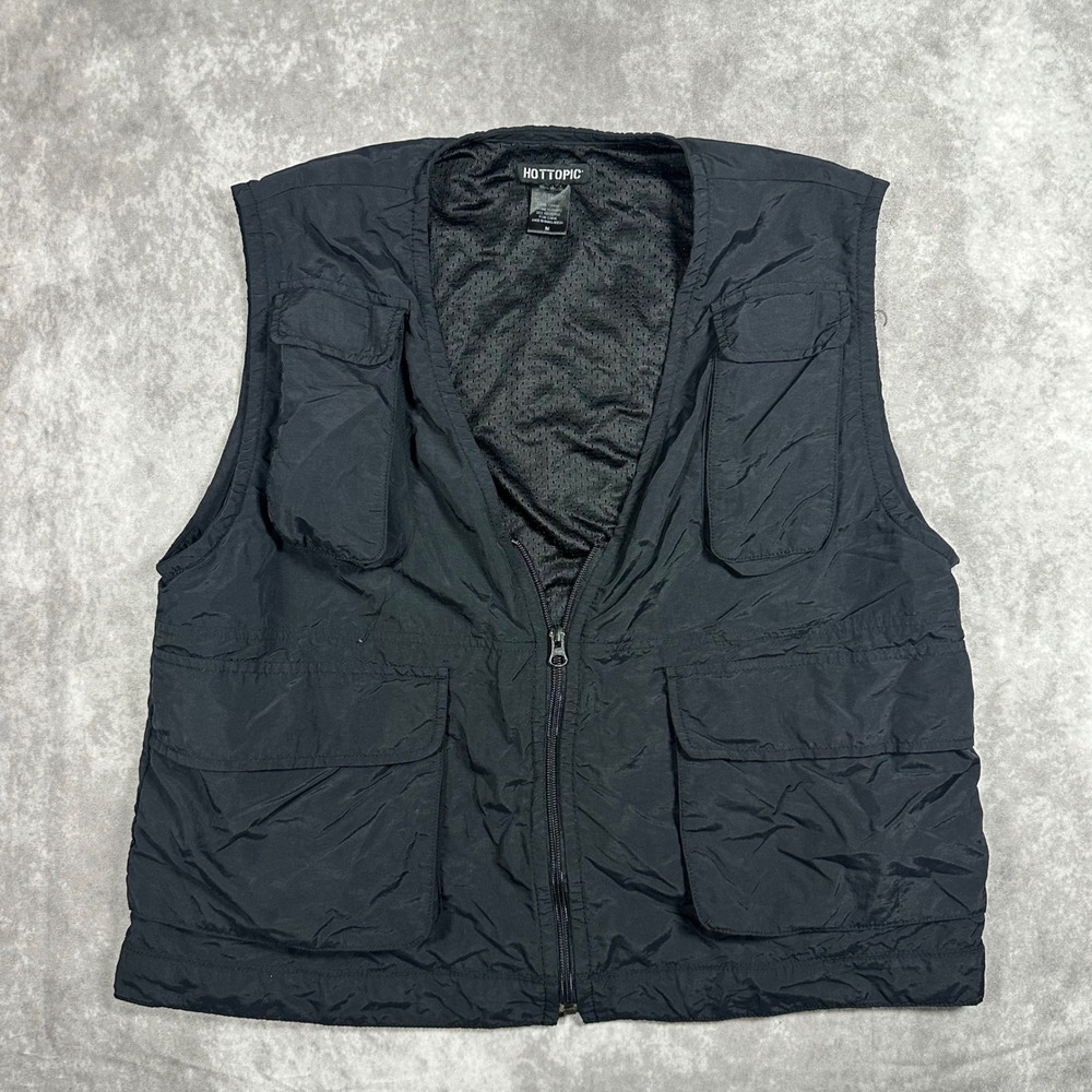 Hot Topic Mens Medium Black Utility Cargo Vest Mesh Lined Full Zip Goth Grunge M